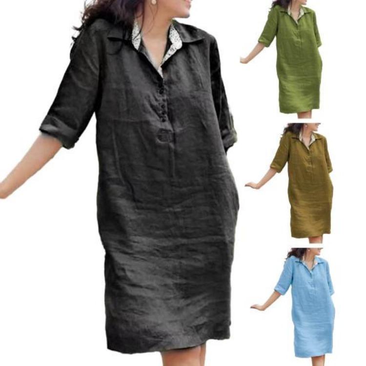 Summer Casual Soft A-line Midi Dress Women Lapel Knee Length Loose Three Quarter Sleeves Solid Color Spring Summer Dress