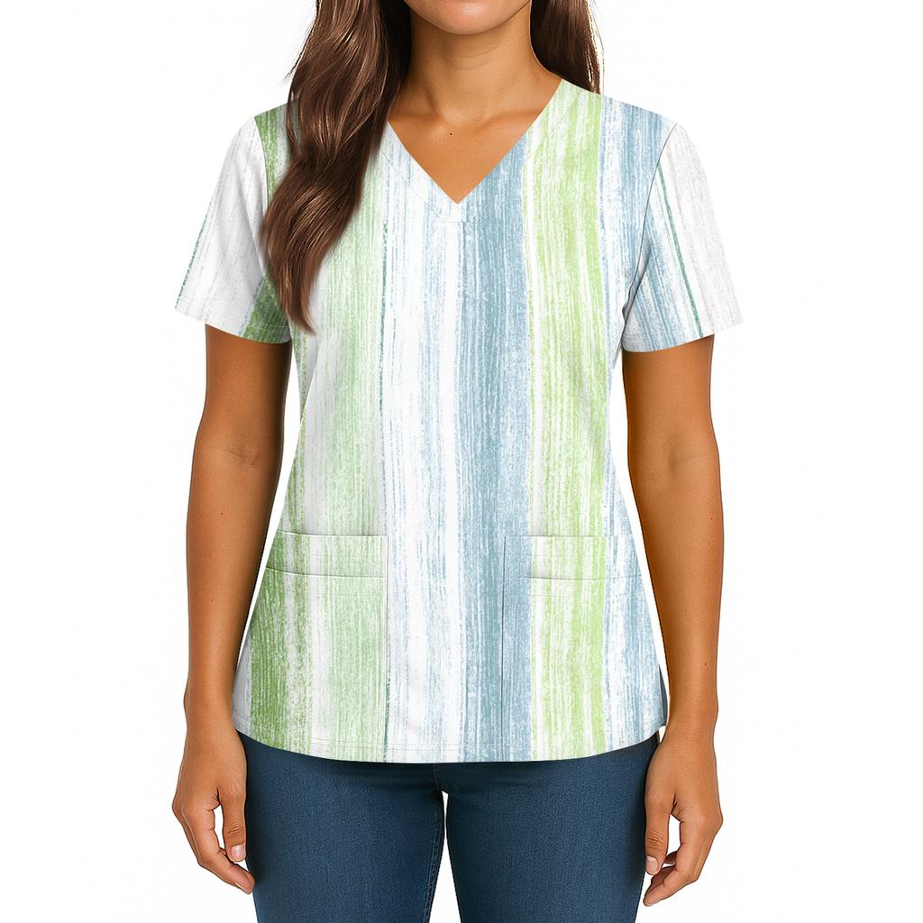 Women's Gradient Print V-Neck Double Pocket Short Sleeves Hem Slit Uniform Caregiver Top