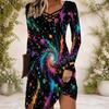 Women Criss Cross V Neck Long Sleeve Multicolor Printed Fitted Curved Hem Dress
