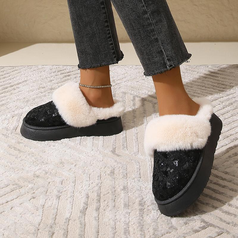 fashion New Winter Faux Fur Warm Women Snow Boots Luxury Sequined Plush Ankle Boots Non-Slip Thicken Fluffy Short Boots Mujer