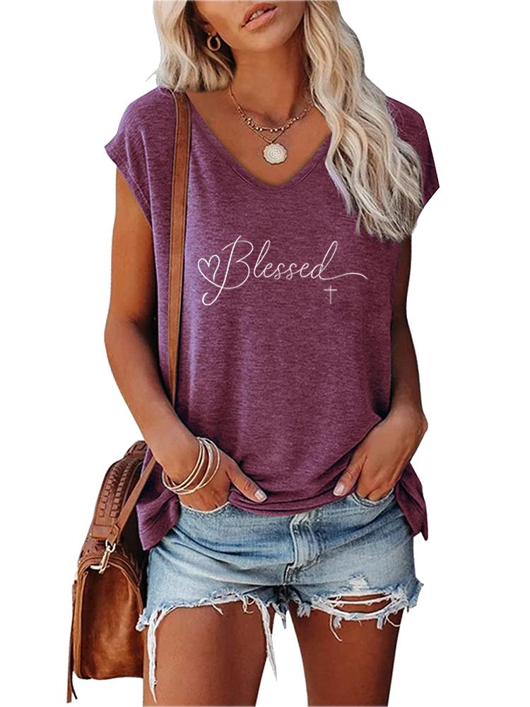 Women Fashion Printed Top Summer V Collar Tee Shirt Ladies Casual Short Sleeve T-shirt