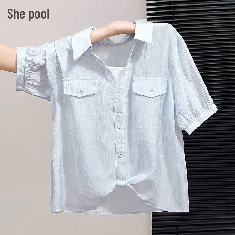 Shechi Women s Faux Two-Piece Lapel Short Sleeve Shirt XL