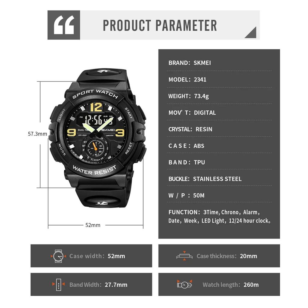SKMEI 2341 Large Dial Watch Fashion Sport Men Waterproof Quartz Wristwatch Alarm Clock Horloges Mannen Digital Electronic