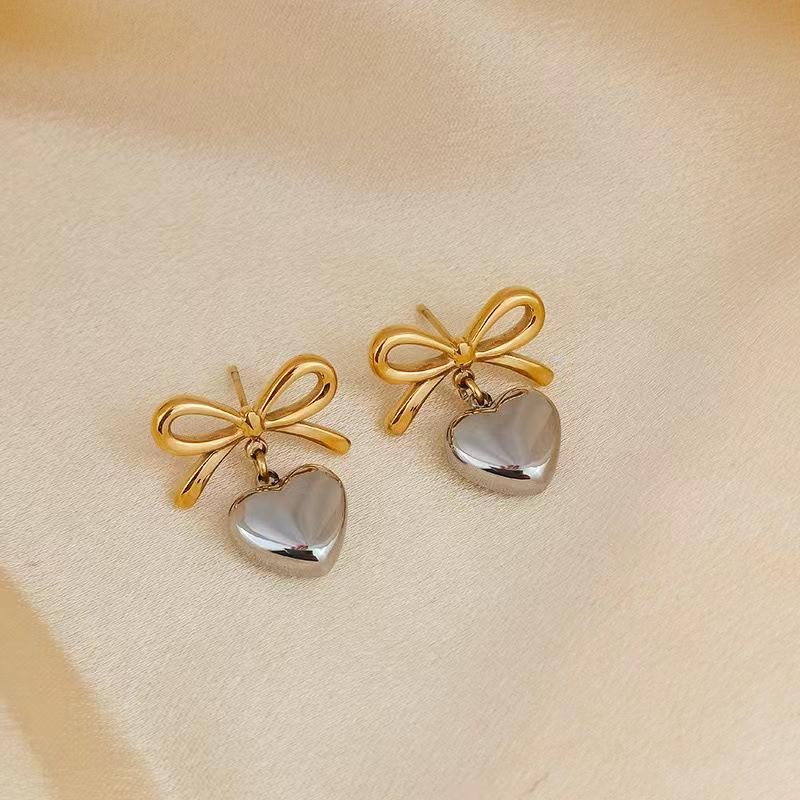 Heart Pendant Bow Stud Earrings for Women - High-end Feel Accessory