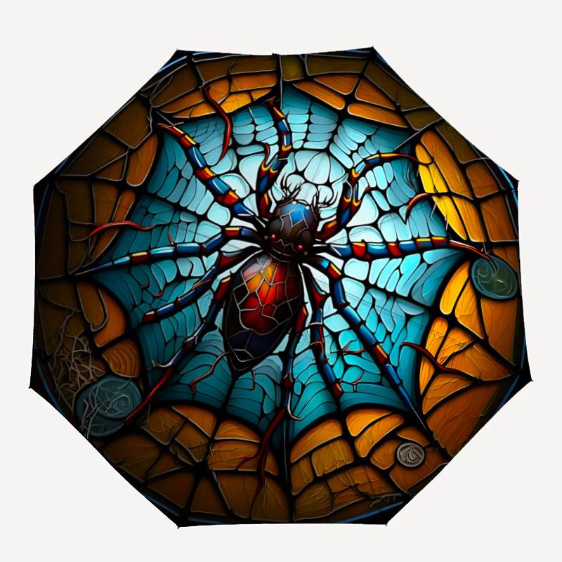 1pc Spider StainedGlass Automatic Folding Umbrella, Lightweight Retractable Compact Travel Umbrella, 8-Rib Sturdy Frame097