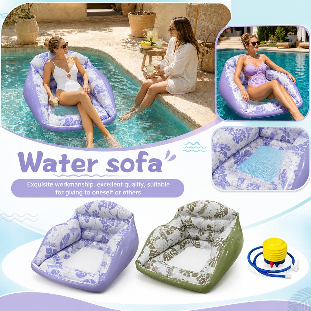 Print Inflatable Pool Chair with Mesh and Cup Holder, Thickened Pool Float Sofa for Swimming Pool, Beach, Summer Outdoor Use, Includes Foot