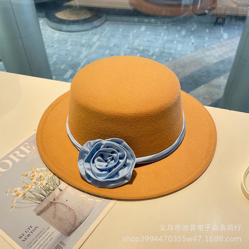 Rose flower strap flat top woolen top hat female autumn and winter warm sweet cute fashion versatile performance flat top hat