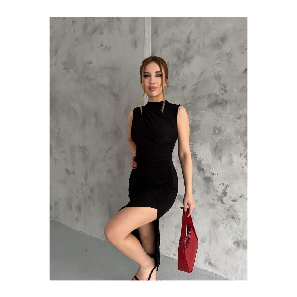 Elegance Navy Blue Dress With Draped Shoulder And Waist Parts, Zero Sleeves And Slit Detail