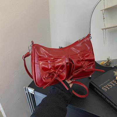 Fashion Korean Style Bowknot Crossbody Bag Solid Color Pleated Y2k Shoulder Bag Ruched Shopping Bag Pu Dumpling Bag