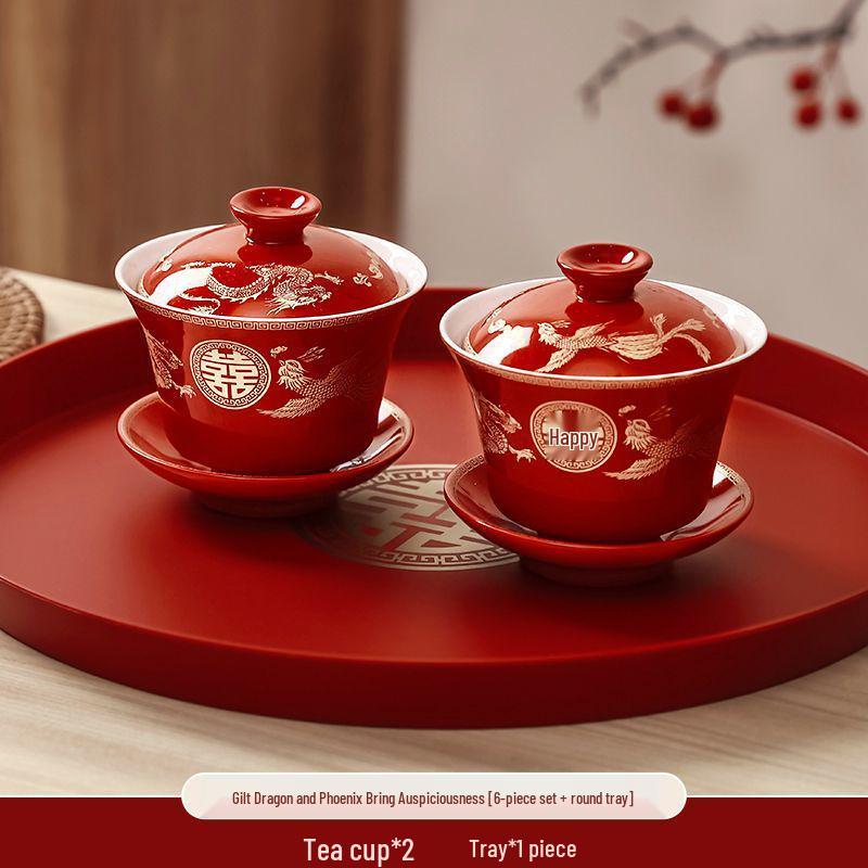Wedding Tea & Chopstick Set: Red Bowls for Toasting & Happy Celebrations.