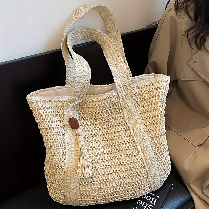 Natural Straw Woven Tote Bag, Large Capacity Beach Handbag Shoulder Bag with Tassel, Casual & Roomy for Summer Daily Use