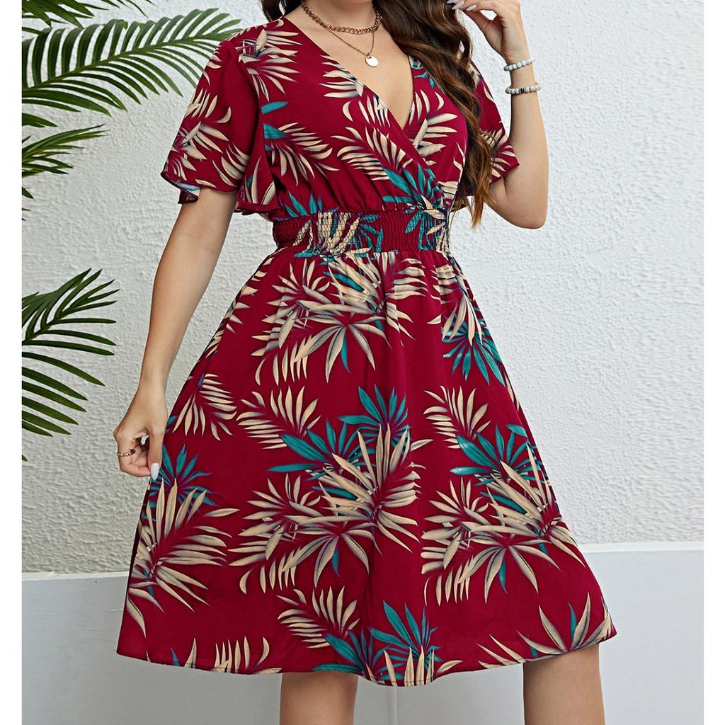 Plus Size Vintage V-Neck Short Sleeve Smocked Waist Slimming Retro Midi Dress for Women Casual Summer