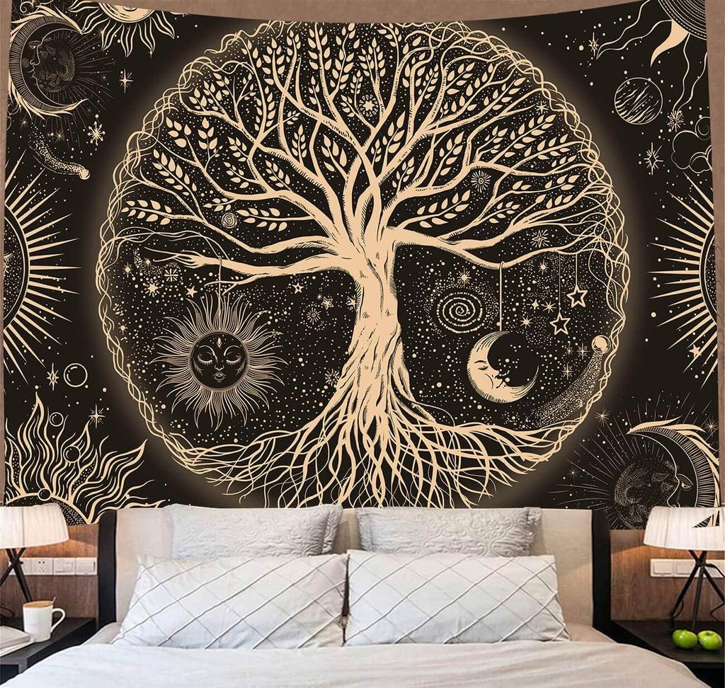 VIKAMA Sun Moon And Stars Tree Of Life Tapestry Ambient GalaxyStyle Wall Decoration Living Room And Bedroom Decorative Hanging