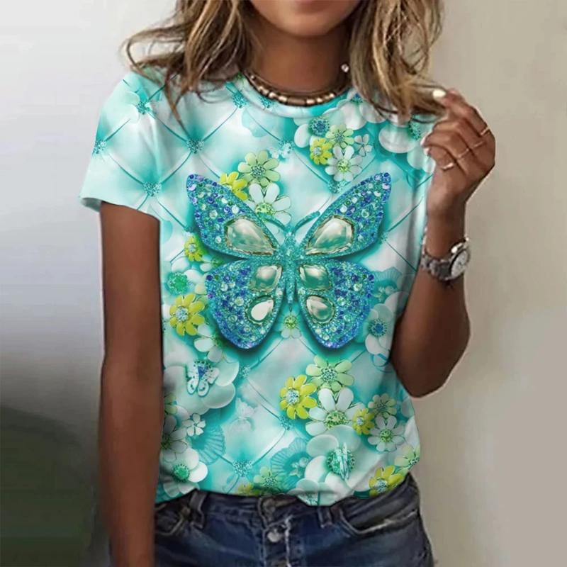 Fashion Women s Butterfly Short Sleeve Crew Neck Short Sleeve Crew Neck T-Shirt XS