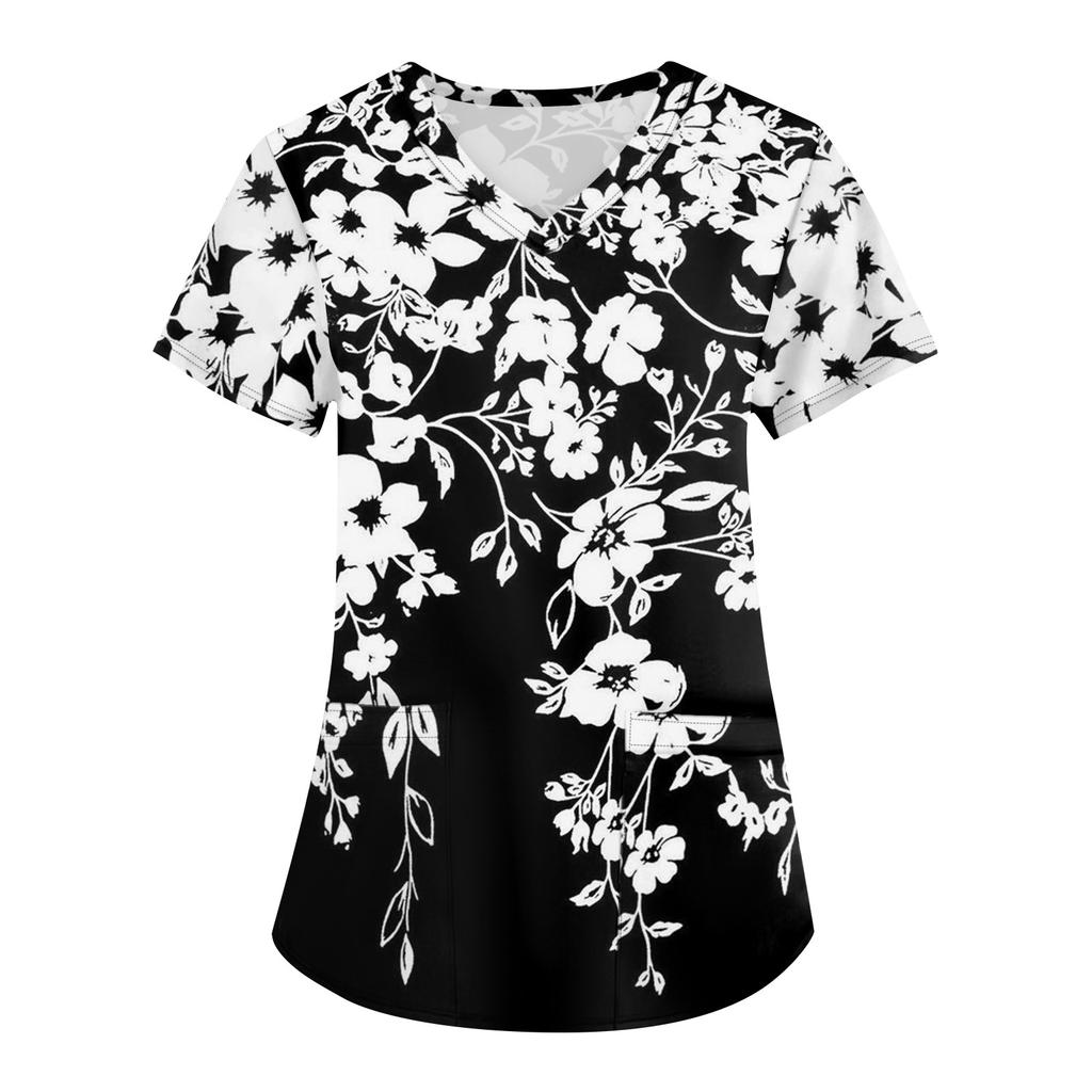 Dámské módní pracovní tričko s krátkým rukávem a výstřihem do V s potiskem do malé kapsy