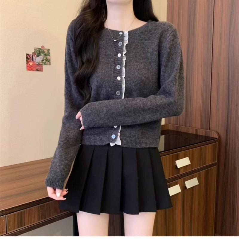 Autumn new lace splicing single-breasted short round neck long-sleeved knitted cardigan women's casual knitted jacket