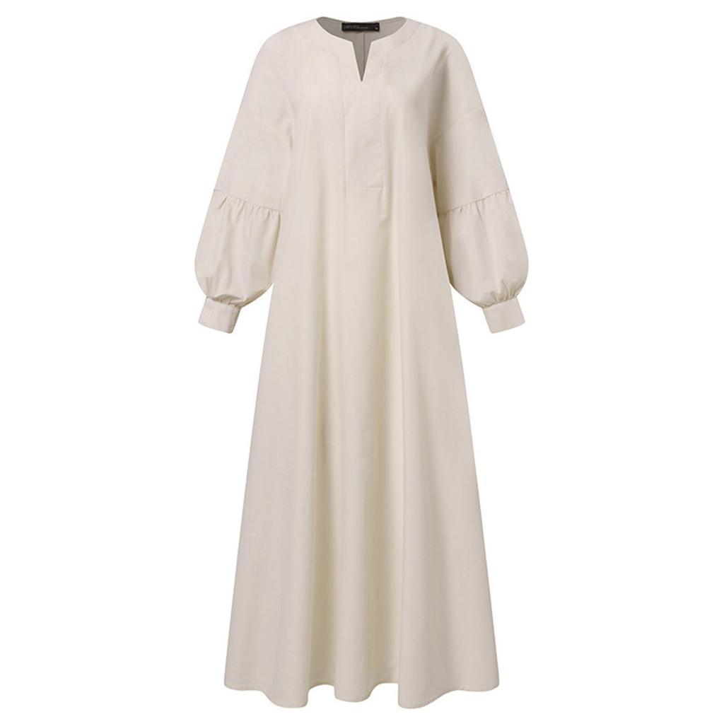 Women's Fashion Cotton Linen Lazy Style Loose Round Neck Long Knee Length Ethnic Shirt Dresses
