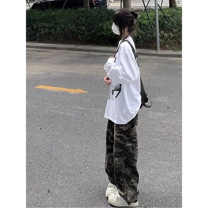 2KWEIRD High Street Oversize Women Camisetas White Vintage Long Sleeve Letter Hand-Painted Tshirts Hiphop Grunge Tops Y2k Tees American