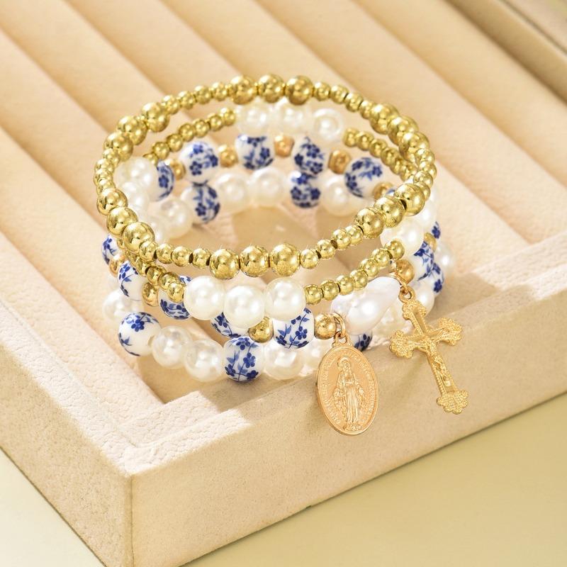 Blue and white porcelain beaded bracelet retro medium personality imitation pearl cross pendant jewelry