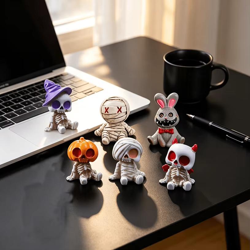 6-11pc Halloween Skeleton Mummy Figurines 1D Cartoon Rabbit Skull Micro Landscape Decor Resin Succulent Pot Desktop Party Gift