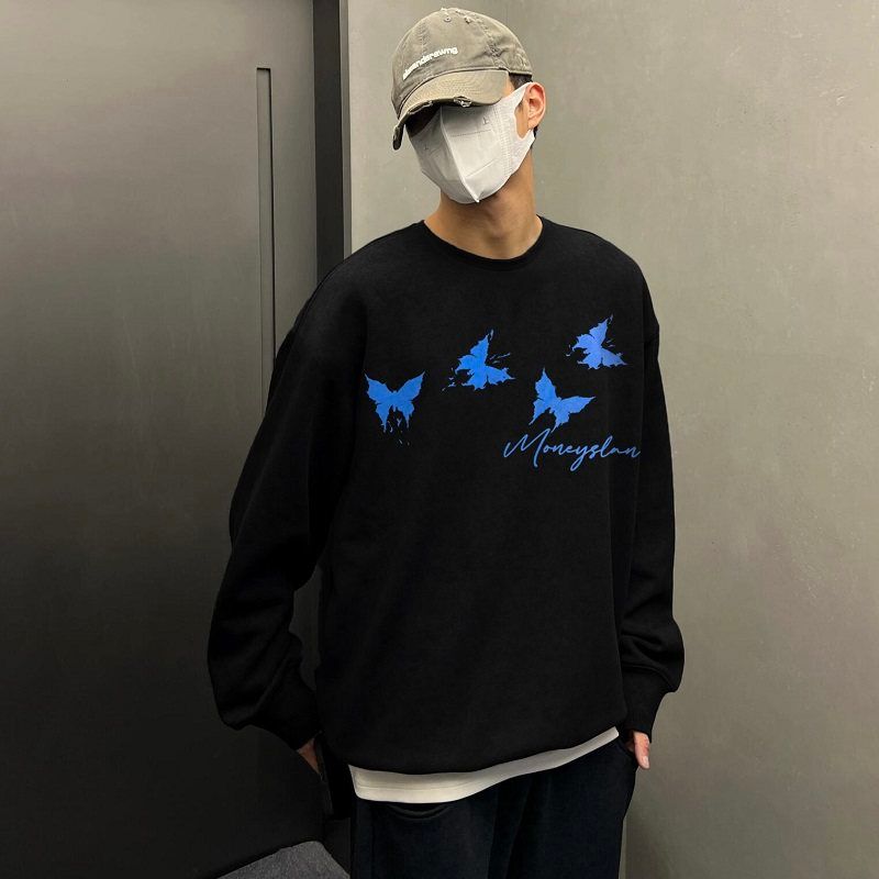 

Moneyslan Blue Butterfly Niche Fashion Brand American Autumn and Winter Fleece-lined Loose Men s Couple round Neck Hoodie Money Blue Butterfly Sweatshirt Black L