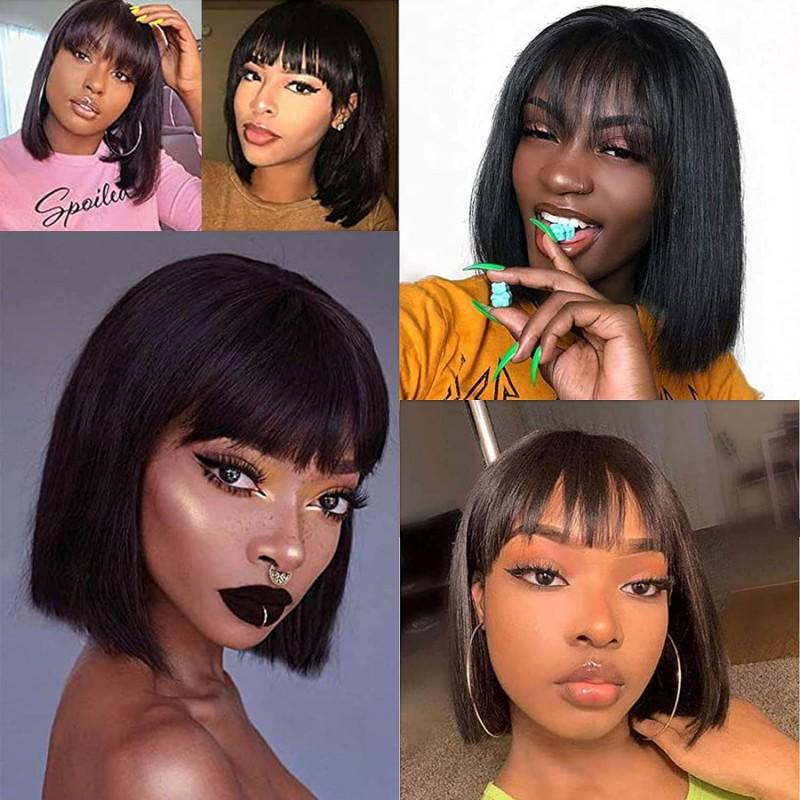 Womens Black Straight Short Bob Wig With Full Bangs Heat-Resistant Synthetic Hair Natural Look