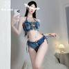 Sexy lingerie babes denim suspender set retro sexy bar three-point show bikini boobs