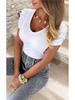 2025 Spring Summer Women's T-shirt V-neck Thread Casual Fashion Solid Color Pullover Bubble Sleeve Short Sleeve Women's T-shirt