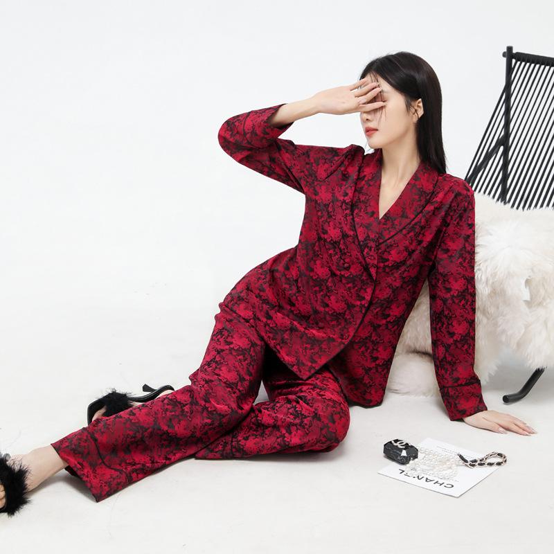 

Новая жаккардовая женская пижама шикарный кардиган с длинным рукавом высококачественный дышащий пижамный комплект из ледяного шелка XL красный