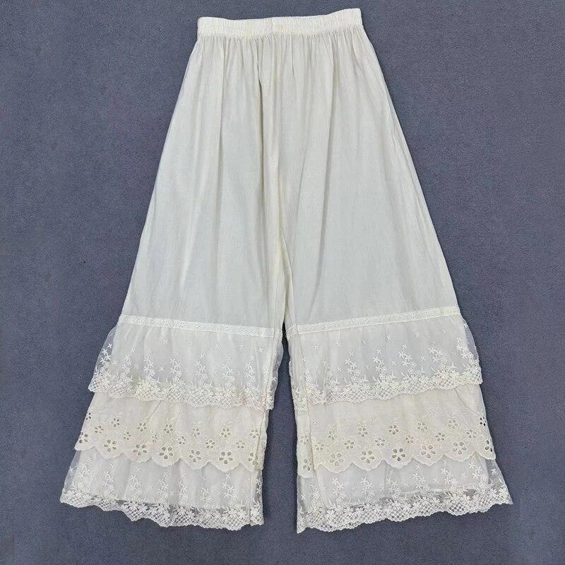 Johnature Japanese Thin Leggings Loose Women Pants Casual Elastic Waist Render Lace Wide-leg Pants Spring Summer