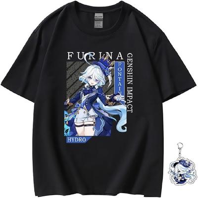 Genshin Impact T-Shirt für Männer Frauen Unisex Lässig Anime Kawaii Kostüm Schwarz Genshin T-Shirt, Kostenloser Schlüsselanhänger