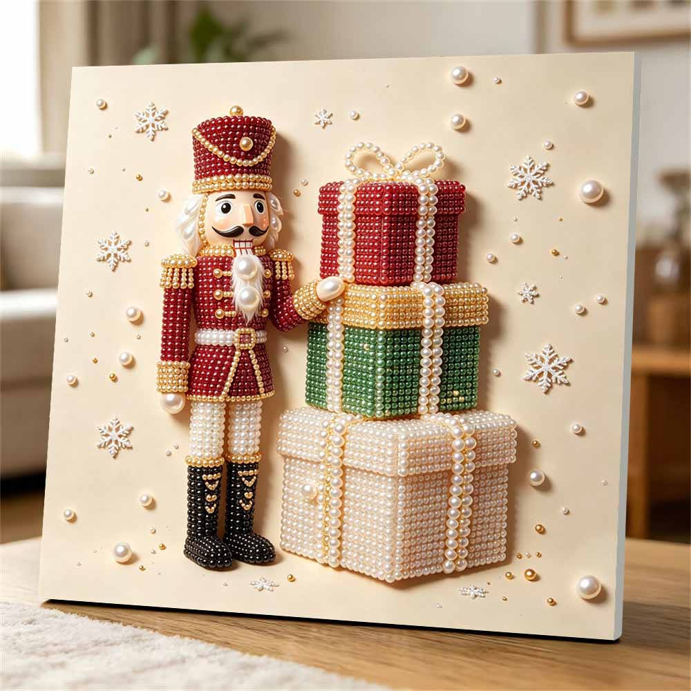 Handmade Framed Pearl Painting Set with Christmas Nutcracker and Gift Boxes Design 5D Shiny Bead Art Canvas Creative Craft for Room Decor