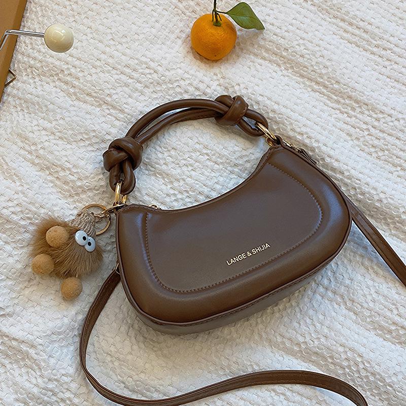 

Women s Solid Color Knotted Handle Shoulder Bag, New Korean Style Zipper Closure Crossbody Purse, Soft PU Leather Handbag, Beige, Brown коричневий