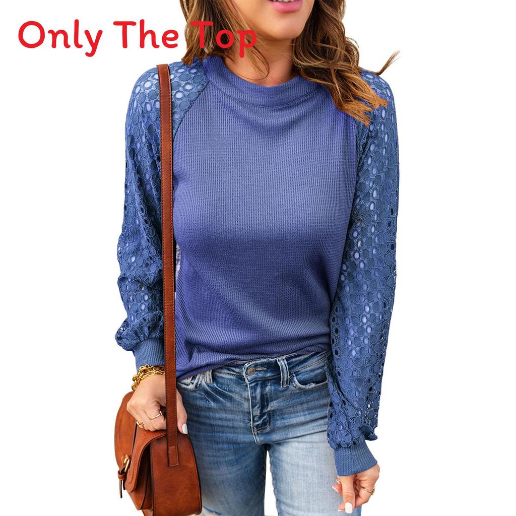 Elegant Long Sleeve T Shirt For Women With Lace Patching Polyester Splicing For Winter Wear