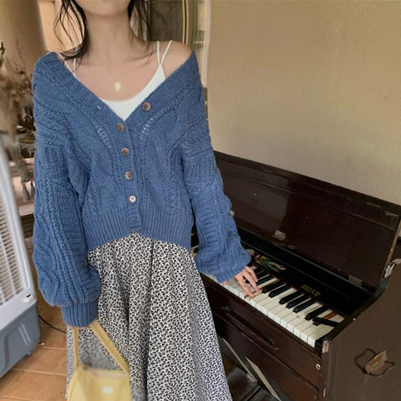 

Вязаные кардиганы, свитера для женщин, свободный крой, повседневная куртка на пуговицах с длинными рукавами и v-образным вырезом, однотонный укороченный топ One Size