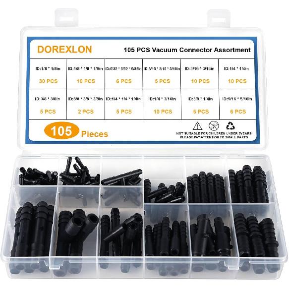 105PCS Automotive Vacuum Connector Assortment, 1/8" 3/16" 1/4" 5/16" 3/8" Vacuum Connector, Automotive Vacuum Tubing Connector, Vacuum Tee Connector,