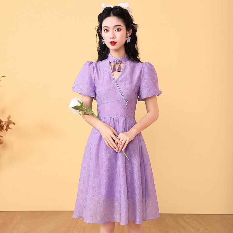 

Women s Off-Season Puff Sleeve Summer Cheongsam Dress