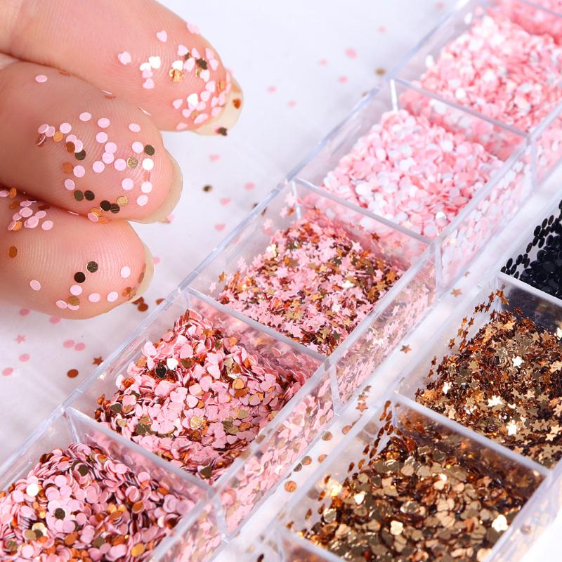 12 Grids Star Heart Round Shape Nail Art Glitter Sequins Holographic Nail Flakes Sequin Mixed Iridescent Powder Nail Decoration