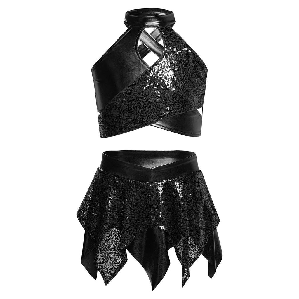 Mädchen Jazz Tanzkostüm Überkreuztes Schlüsselloch Glänzende Pailletten Metallic Crop Top Asymmetrischer Rock Performance Outfit