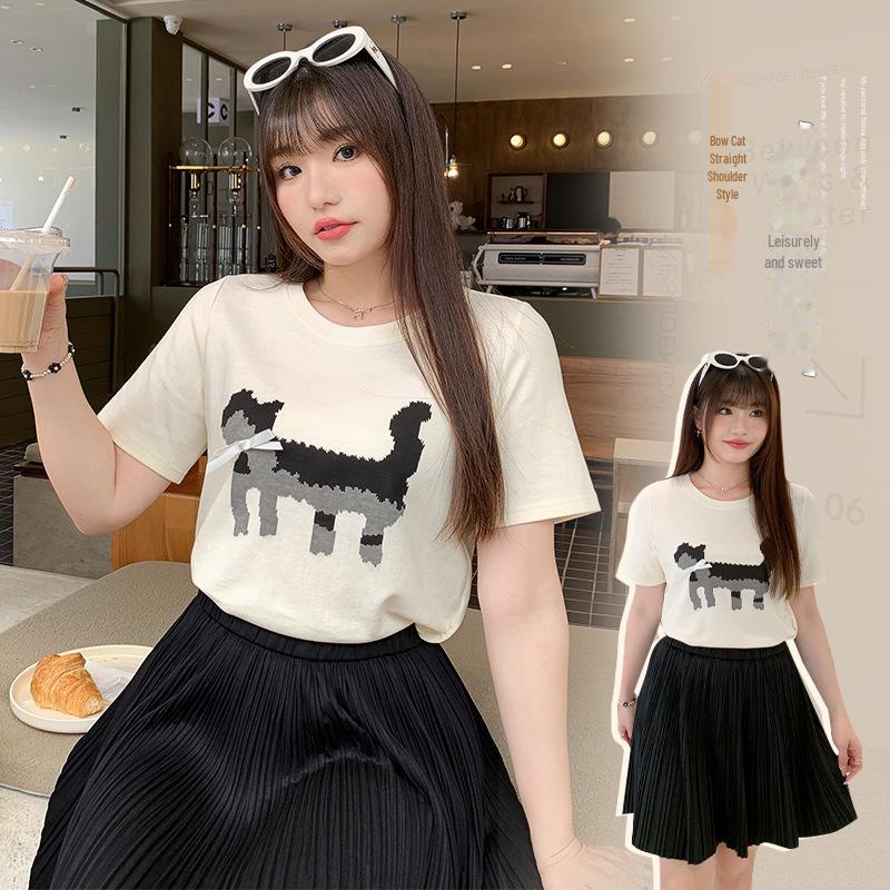 Vynikající tričko s potiskem koťátka s mašličkou, kulatým výstřihem, volného střihu pro ženy, nadměrná velikost, letní top s krátkým rukávem