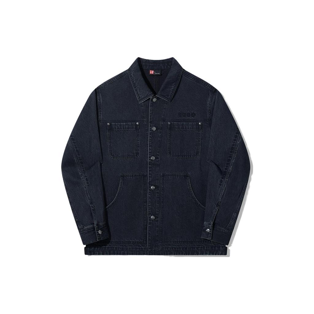 Li Ning Vital Series Solid Color Single-Breasted Washed Denim Jacket Unisex Jacket Black AJDT705-1