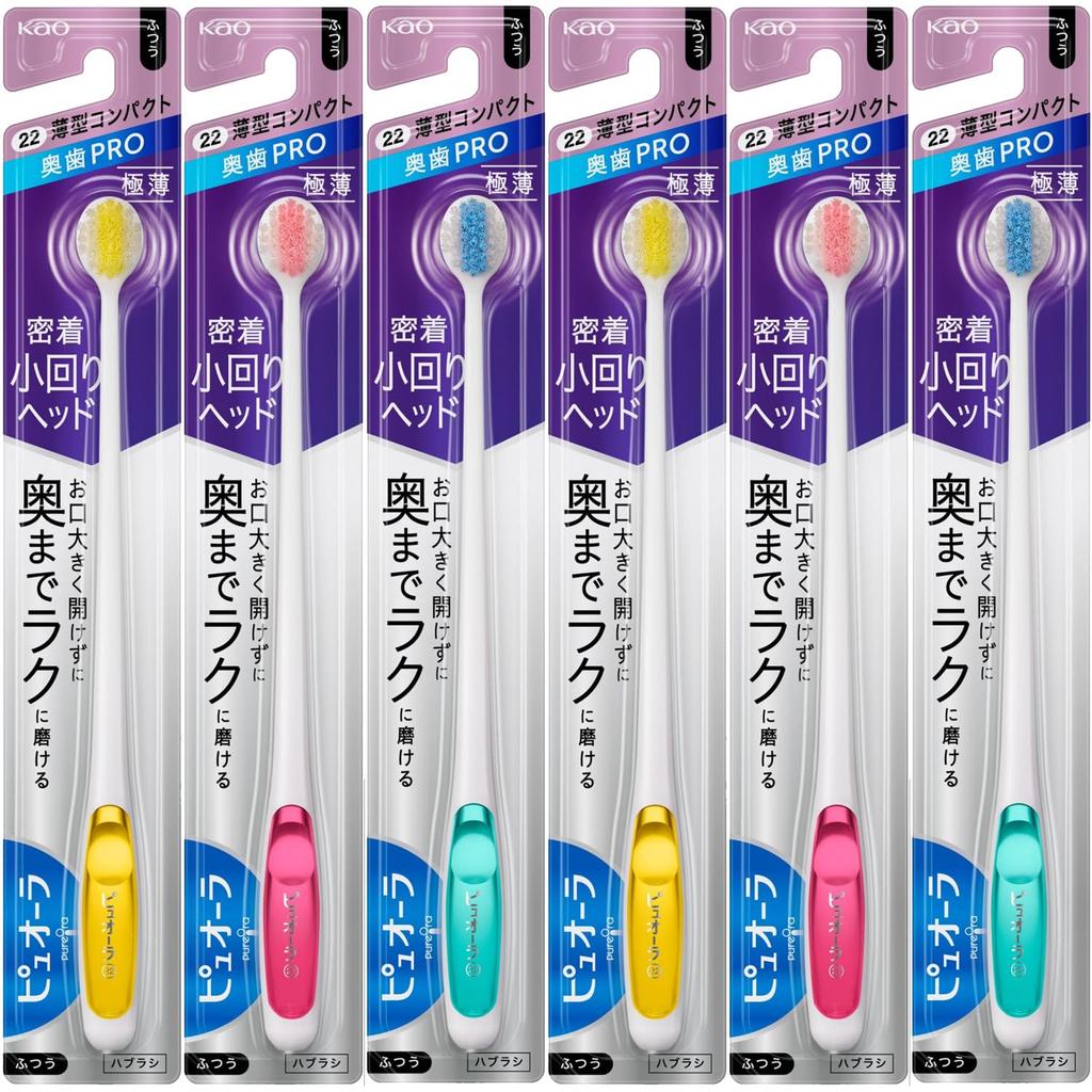 Kao Pureora Toothbrush, Slim Compact, Medium Bristles, 1 Piece (x6)