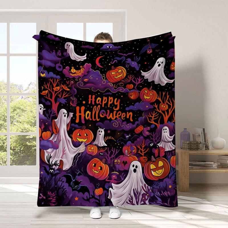 Warm Halloween Flannel Blanket - Cartoon Ghost & Pumpkin Design