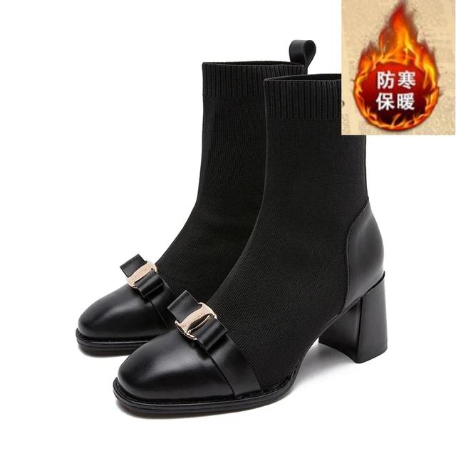 

Осенние женские вязаные ботильоны с металлическим украшением, утягивающие короткие ботильоны, осенне-зимние женские туфли на толстом каблуке 40