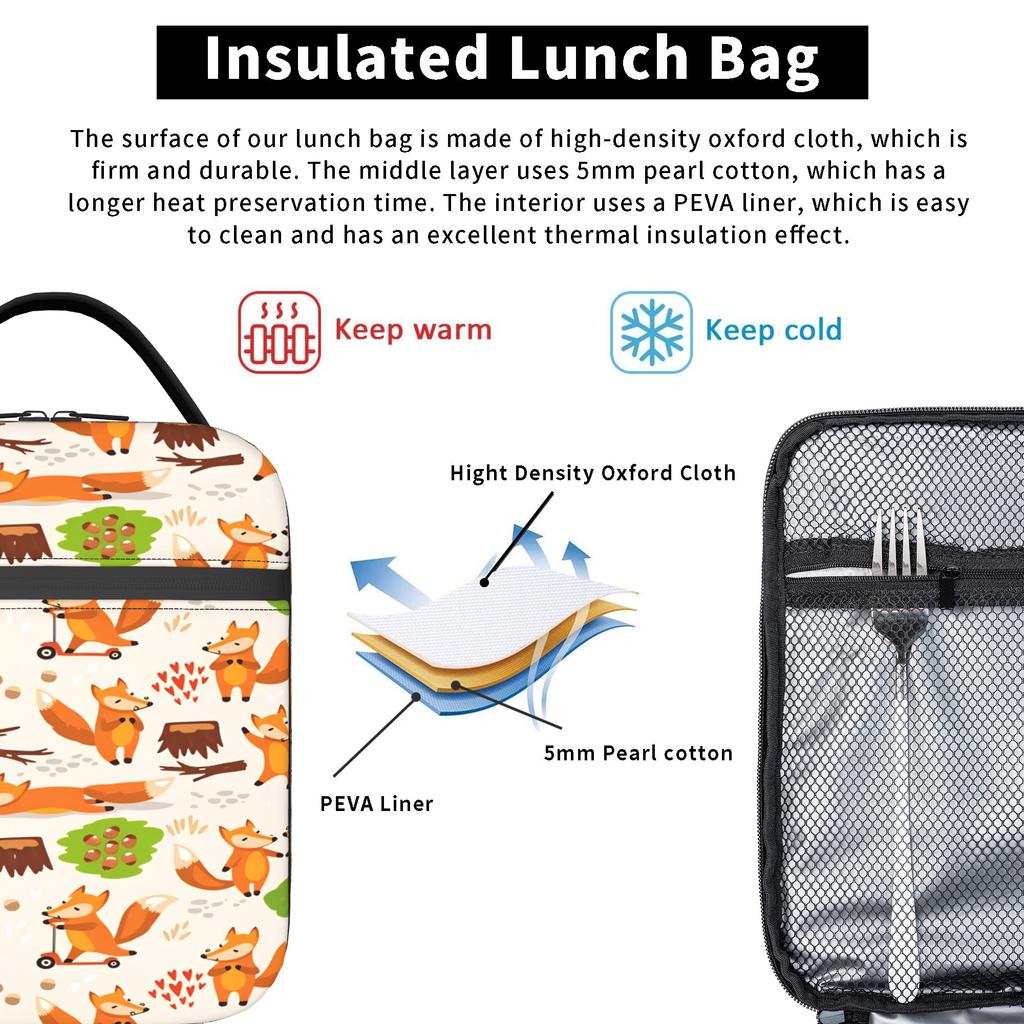 Cute Fox Lunch Bag Portable Insulated Lunch Box Child School Graphic Design Cooler Bag Leisure Oxford Tote Food Bags