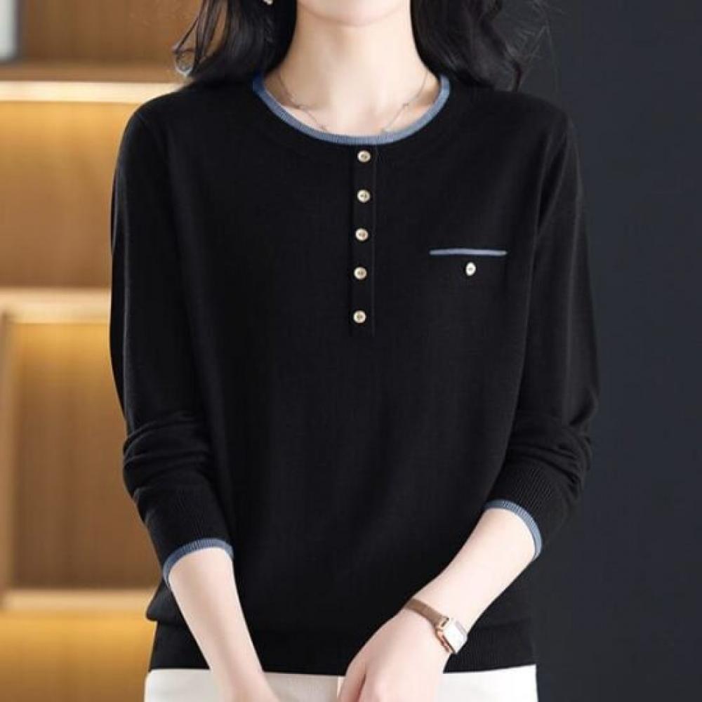 Navava Long Sleeve Knit Top With Color Block And Button Detail Round Neck Nk3571