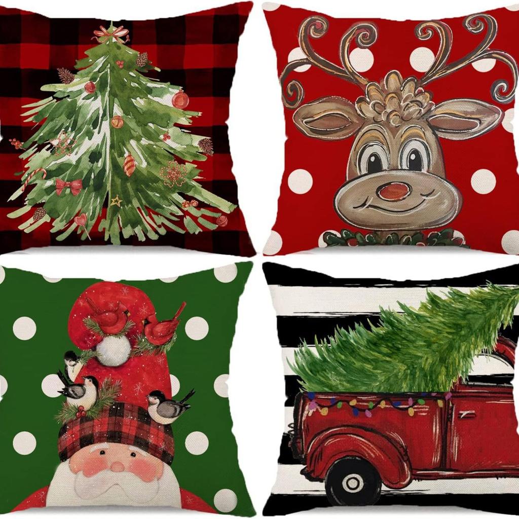 Christmas Pillowcase Linen Print Elk Snowman Home Decoration Sofa Cushion Cover