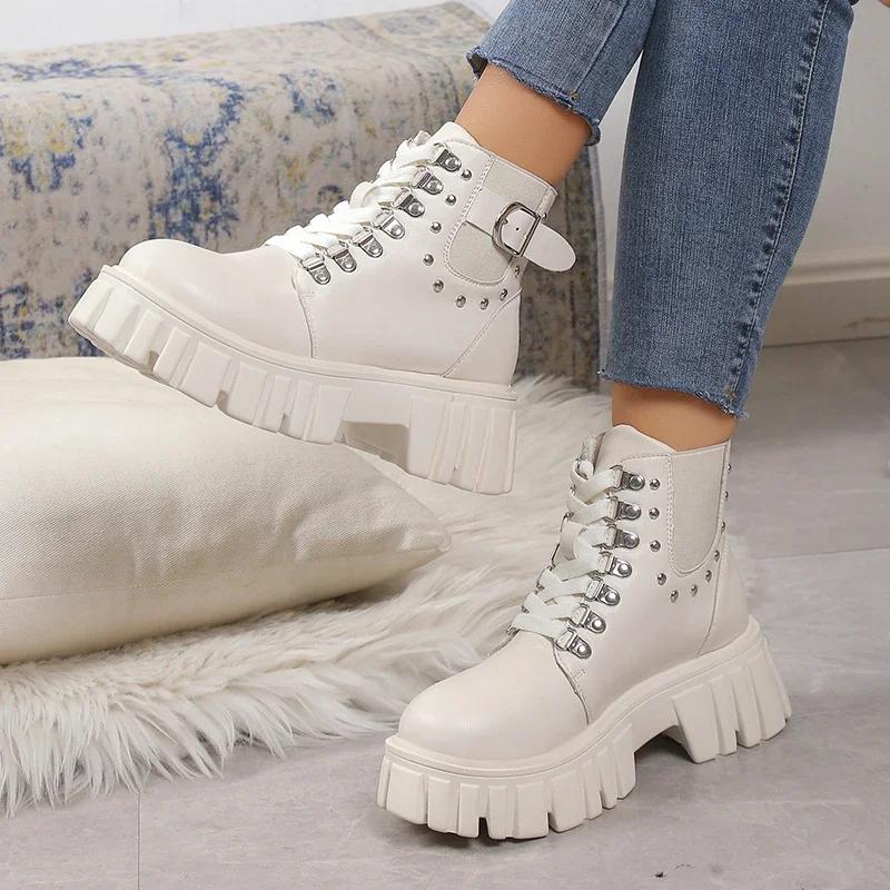 Punk Metal Belt Buckle Lace Up Boots Women 2025 Winter Thick Bottom Medium Heel Ankle Boots Fashion Solid Pu Shoes Size 42