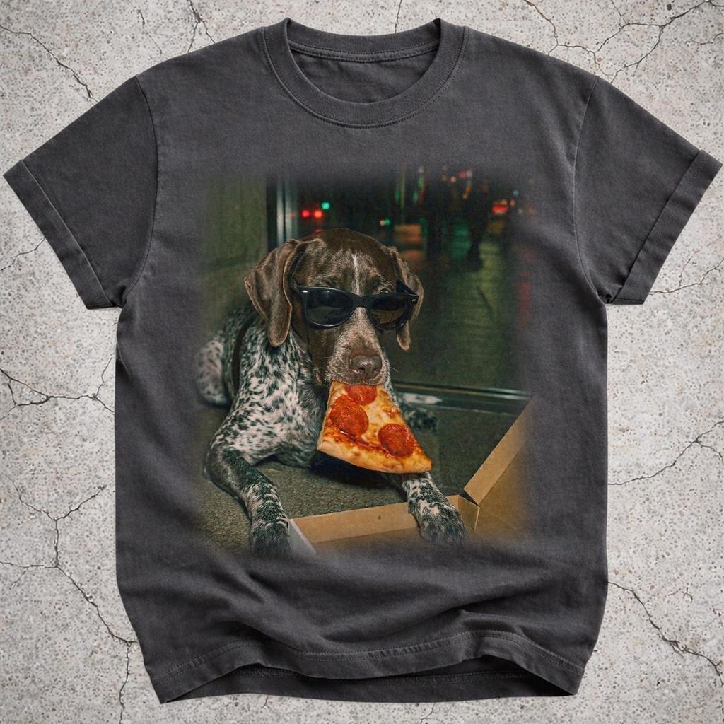 Maglietta con Pointer Tedesco a Pelo Corto che Mangia la Pizza, Maglietta Divertente con Meme di Cane, Regalo per Amante della Pizza, Maglietta Grafica Vintage per Proprietario di GSP, Maglietta Buffa Novità