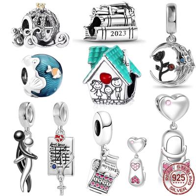 925 srebro szczęśliwy dom i czarna róża miłość kapcie zwisają koraliki Charm w stylu Fit oryginalna modna bransoletka DIY biżuteria na prezent